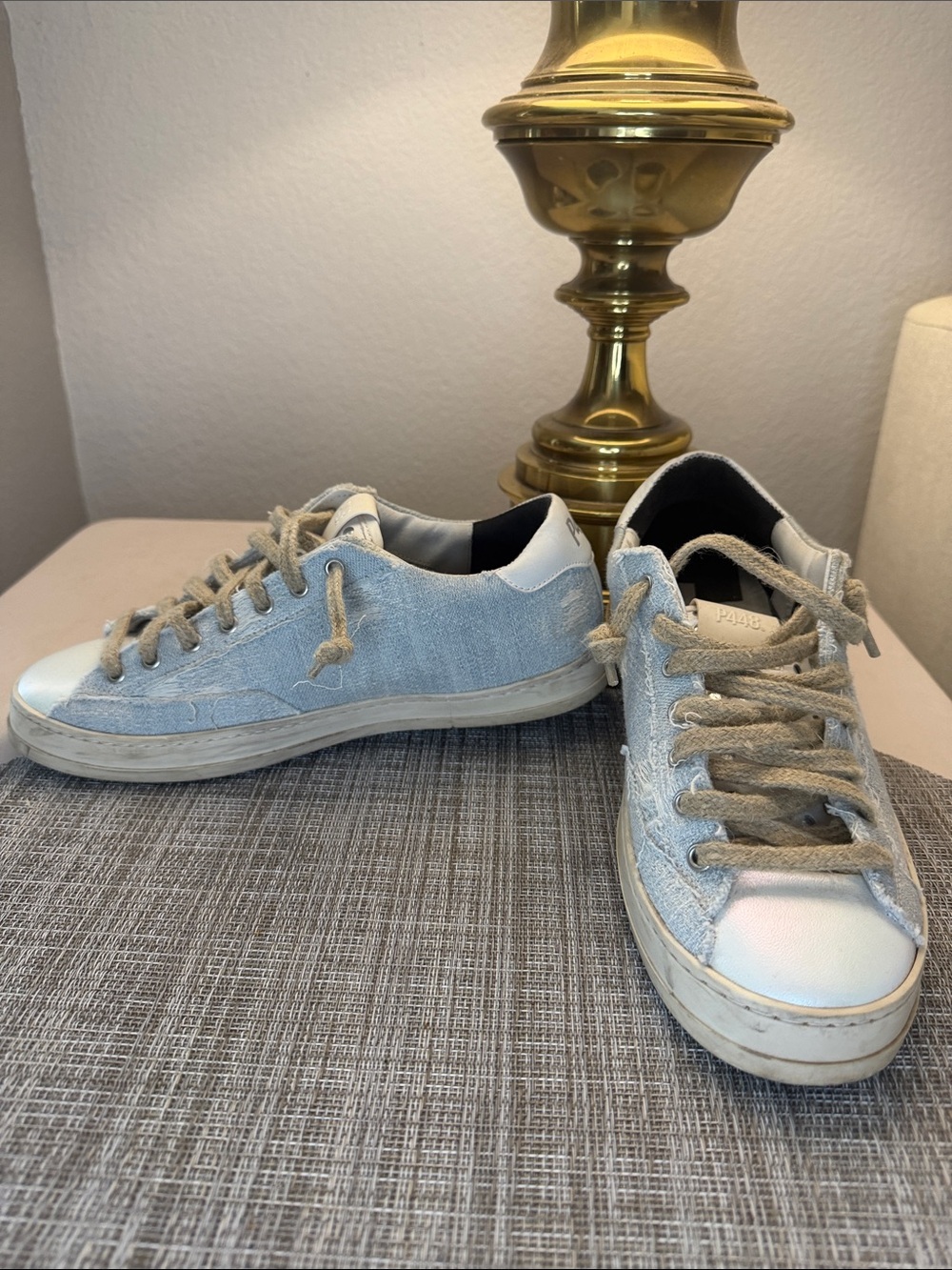 P448 Light Blue Denim Low-Top Sneakers with Beige Rope Laces